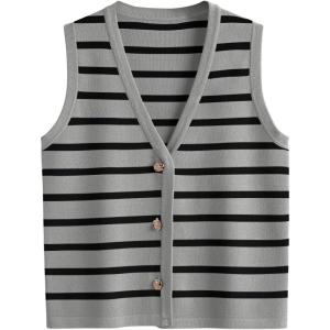 imageLILLUSORY Vest Tops for Women 2025 Fall Outfits Striped Sweaters Button Up Casual Shirts Blouses Jacket Fashion ClothesGreyblack