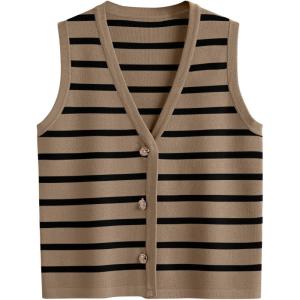 imageLILLUSORY Vest Tops for Women 2025 Fall Outfits Striped Sweaters Button Up Casual Shirts Blouses Jacket Fashion ClothesKhakiblack