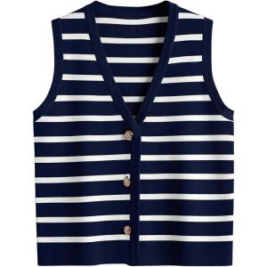imageLILLUSORY Vest Tops for Women 2025 Fall Outfits Striped Sweaters Button Up Casual Shirts Blouses Jacket Fashion ClothesNavywhite