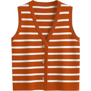 imageLILLUSORY Vest Tops for Women 2025 Fall Outfits Striped Sweaters Button Up Casual Shirts Blouses Jacket Fashion ClothesOrangewhite