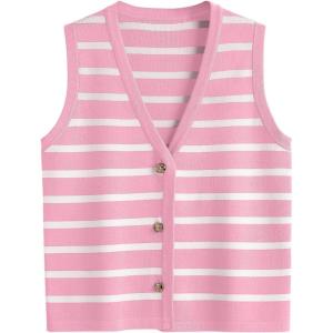 imageLILLUSORY Vest Tops for Women 2025 Fall Outfits Striped Sweaters Button Up Casual Shirts Blouses Jacket Fashion ClothesPinkwhite