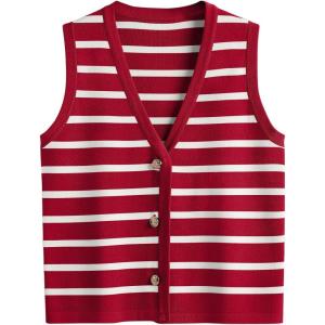 imageLILLUSORY Vest Tops for Women 2025 Fall Outfits Striped Sweaters Button Up Casual Shirts Blouses Jacket Fashion ClothesRedwhite