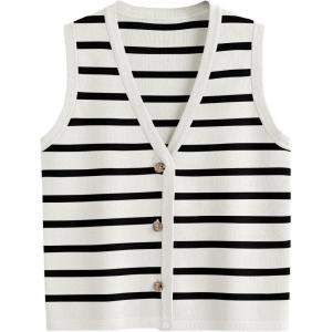 imageLILLUSORY Vest Tops for Women 2025 Fall Outfits Striped Sweaters Button Up Casual Shirts Blouses Jacket Fashion ClothesWhiteblack