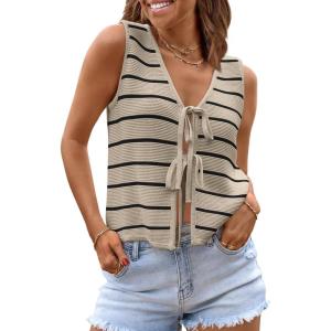 imageLILLUSORY Womens Crochet Tops Ladies Summer Vacation Outfits Beach Fashion Tank Y2K 2025 Cute Clothes Tie Front Sweater VestApricotblack
