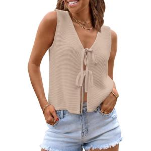 imageLILLUSORY Womens Crochet Tops Ladies Summer Vacation Outfits Beach Fashion Tank Y2K 2025 Cute Clothes Tie Front Sweater VestBeige