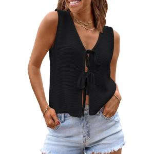 imageLILLUSORY Womens Crochet Tops Ladies Summer Vacation Outfits Beach Fashion Tank Y2K 2025 Cute Clothes Tie Front Sweater VestBlack