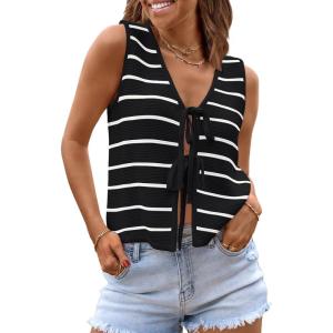 imageLILLUSORY Womens Crochet Tops Ladies Summer Vacation Outfits Beach Fashion Tank Y2K 2025 Cute Clothes Tie Front Sweater VestBlackwhite