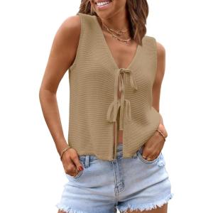 imageLILLUSORY Womens Crochet Tops Ladies Summer Vacation Outfits Beach Fashion Tank Y2K 2025 Cute Clothes Tie Front Sweater VestCoffeegrey