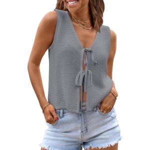 imageLILLUSORY Womens Crochet Tops Ladies Summer Vacation Outfits Beach Fashion Tank Y2K 2025 Cute Clothes Tie Front Sweater VestGrey
