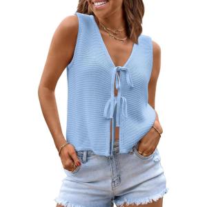 imageLILLUSORY Womens Crochet Tops Ladies Summer Vacation Outfits Beach Fashion Tank Y2K 2025 Cute Clothes Tie Front Sweater VestLightblue