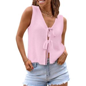 imageLILLUSORY Womens Crochet Tops Ladies Summer Vacation Outfits Beach Fashion Tank Y2K 2025 Cute Clothes Tie Front Sweater VestPink