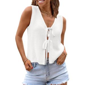 imageLILLUSORY Womens Crochet Tops Ladies Summer Vacation Outfits Beach Fashion Tank Y2K 2025 Cute Clothes Tie Front Sweater VestWhite