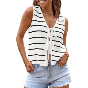 imageLILLUSORY Womens Crochet Tops Ladies Summer Vacation Outfits Beach Fashion Tank Y2K 2025 Cute Clothes Tie Front Sweater VestWhiteblack