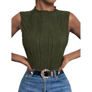 imageLILLUSORY Womens Mock Neck Business Casual Tank Tops Sleeveless Ruched Work Blouse Fitted 2025 Trendy ShirtsArmy Green