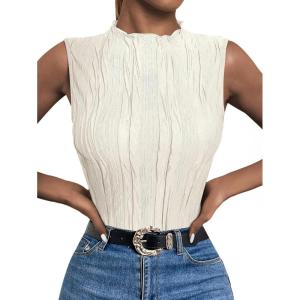 imageLILLUSORY Womens Mock Neck Business Casual Tank Tops Sleeveless Ruched Work Blouse Fitted 2025 Trendy ShirtsBeige
