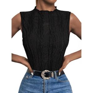 imageLILLUSORY Womens Mock Neck Business Casual Tank Tops Sleeveless Ruched Work Blouse Fitted 2025 Trendy ShirtsBlack