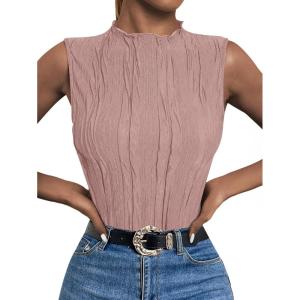 imageLILLUSORY Womens Mock Neck Business Casual Tank Tops Sleeveless Ruched Work Blouse Fitted 2025 Trendy ShirtsDusty Pink