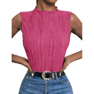 imageLILLUSORY Womens Mock Neck Business Casual Tank Tops Sleeveless Ruched Work Blouse Fitted 2025 Trendy ShirtsHot Pink