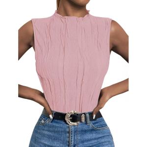 imageLILLUSORY Womens Mock Neck Business Casual Tank Tops Sleeveless Ruched Work Blouse Fitted 2025 Trendy ShirtsLight Pink