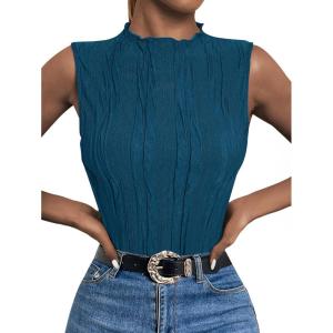imageLILLUSORY Womens Mock Neck Business Casual Tank Tops Sleeveless Ruched Work Blouse Fitted 2025 Trendy ShirtsPeacockblue
