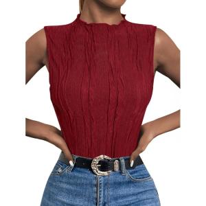 imageLILLUSORY Womens Mock Neck Business Casual Tank Tops Sleeveless Ruched Work Blouse Fitted 2025 Trendy ShirtsRed