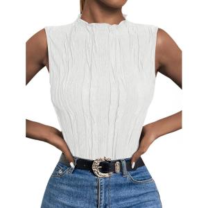imageLILLUSORY Womens Mock Neck Business Casual Tank Tops Sleeveless Ruched Work Blouse Fitted 2025 Trendy ShirtsWhite