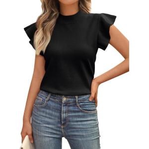 imageLILLUSORY Womens Ruffled Short Sleeve Sweater Round Neck Knitted Soft Lightweight Pullovers TopsBlack