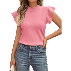imageLILLUSORY Womens Ruffled Short Sleeve Sweater Round Neck Knitted Soft Lightweight Pullovers TopsPink