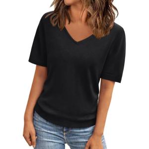imageLILLUSORY Womens Short Sleeve Sweaters V Neck Tops Business Casual Lightweight Knit Comfy Blouses Summer Fashion Outfits 2025Black