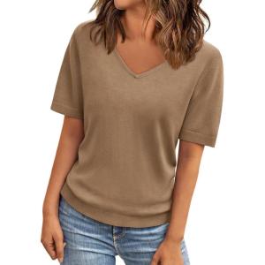 imageLILLUSORY Womens Short Sleeve Sweaters V Neck Tops Business Casual Lightweight Knit Comfy Blouses Summer Fashion Outfits 2025Coffeegrey