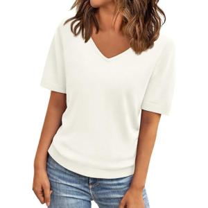 imageLILLUSORY Womens Short Sleeve Sweaters V Neck Tops Business Casual Lightweight Knit Comfy Blouses Summer Fashion Outfits 2025White