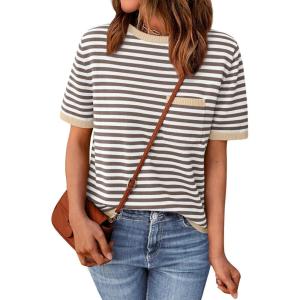 imageLILLUSORY Womens Striped Short Sleeve Sweater Pullover Shirts with Chest PocketApricot Brown