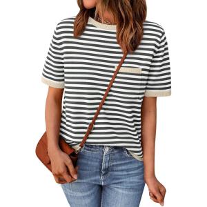imageLILLUSORY Womens Striped Short Sleeve Sweater Pullover Shirts with Chest PocketApricot Grey