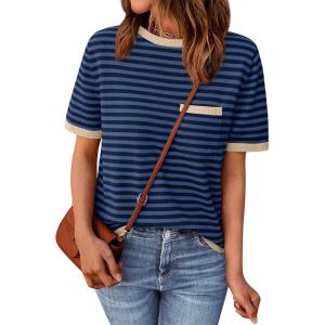 imageLILLUSORY Womens Striped Short Sleeve Sweater Pullover Shirts with Chest PocketApricot Navy