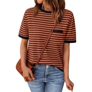 imageLILLUSORY Womens Striped Short Sleeve Sweater Pullover Shirts with Chest PocketBlack Rust
