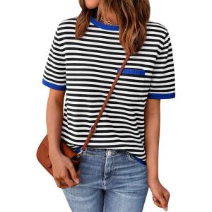 imageLILLUSORY Womens Striped Short Sleeve Sweater Pullover Shirts with Chest PocketBlue Black