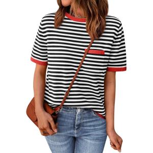 imageLILLUSORY Womens Striped Short Sleeve Sweater Pullover Shirts with Chest PocketRed Black
