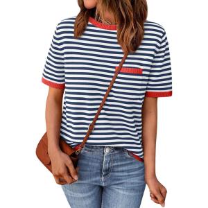 imageLILLUSORY Womens Striped Short Sleeve Sweater Pullover Shirts with Chest PocketRed Navy