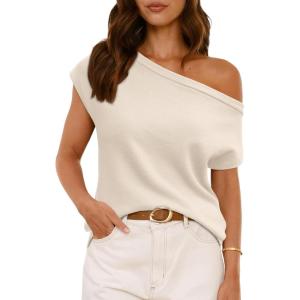 imageLILLUSORY Womens Summer Fashion Off The Shoulder Sweaters Vacation Trendy Going Out Tops Lightweight Knit Pullover 2025Apricot