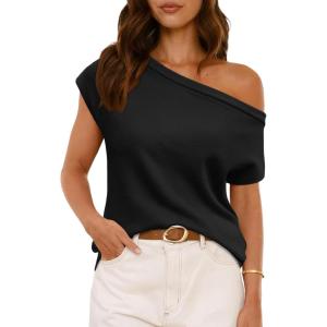 imageLILLUSORY Womens Summer Fashion Off The Shoulder Sweaters Vacation Trendy Going Out Tops Lightweight Knit Pullover 2025Black