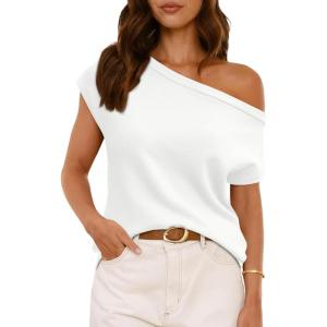 imageLILLUSORY Womens Summer Fashion Off The Shoulder Sweaters Vacation Trendy Going Out Tops Lightweight Knit Pullover 2025White