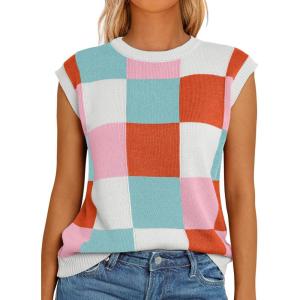 imageLILLUSORY Womens Tops Sweaters Vest Summer Tank Fall Outfits Fashion Clothes Cute Teacher Sleeveless Knit Shirts Trendy 2024 Medium Pink