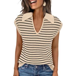imageLILLUSORY Womens V Neck Cap Sleeve Sweater Vest Sleeveless Collared Striped Knit Tank Tops 2025 Casual Trendy OutfitsApricotblack