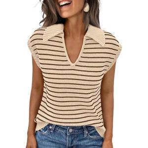 imageLILLUSORY Womens V Neck Cap Sleeve Sweater Vest Sleeveless Collared Striped Knit Tank Tops 2025 Casual Trendy OutfitsApricotcoffee