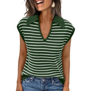 imageLILLUSORY Womens V Neck Cap Sleeve Sweater Vest Sleeveless Collared Striped Knit Tank Tops 2025 Casual Trendy OutfitsArmygreenwhite