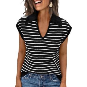 imageLILLUSORY Womens V Neck Cap Sleeve Sweater Vest Sleeveless Collared Striped Knit Tank Tops 2025 Casual Trendy OutfitsBlackwhite