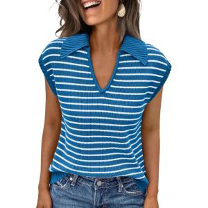 imageLILLUSORY Womens V Neck Cap Sleeve Sweater Vest Sleeveless Collared Striped Knit Tank Tops 2025 Casual Trendy OutfitsBluewhite