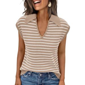 imageLILLUSORY Womens V Neck Cap Sleeve Sweater Vest Sleeveless Collared Striped Knit Tank Tops 2025 Casual Trendy OutfitsKhakiwhite