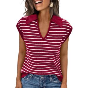 imageLILLUSORY Womens V Neck Cap Sleeve Sweater Vest Sleeveless Collared Striped Knit Tank Tops 2025 Casual Trendy OutfitsRedwhite