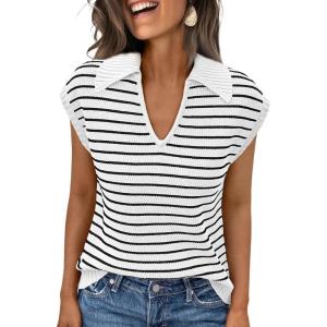 imageLILLUSORY Womens V Neck Cap Sleeve Sweater Vest Sleeveless Collared Striped Knit Tank Tops 2025 Casual Trendy OutfitsWhiteblack